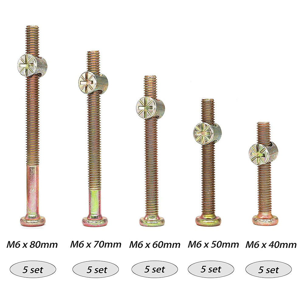 Furniture Hardware Barrel Nut - สกรูหัวหกเหลี่ยม M6 พร้อมน็อตยึดแบบไขว้ สำหรับเชื่อมต่อเฟอร์นิเจอร์ ผลิตจากเหล็กกล้าคาร์บอนเคลือบสังกะสี ใช้สำหรับซ่อมเตียงและโซฟา